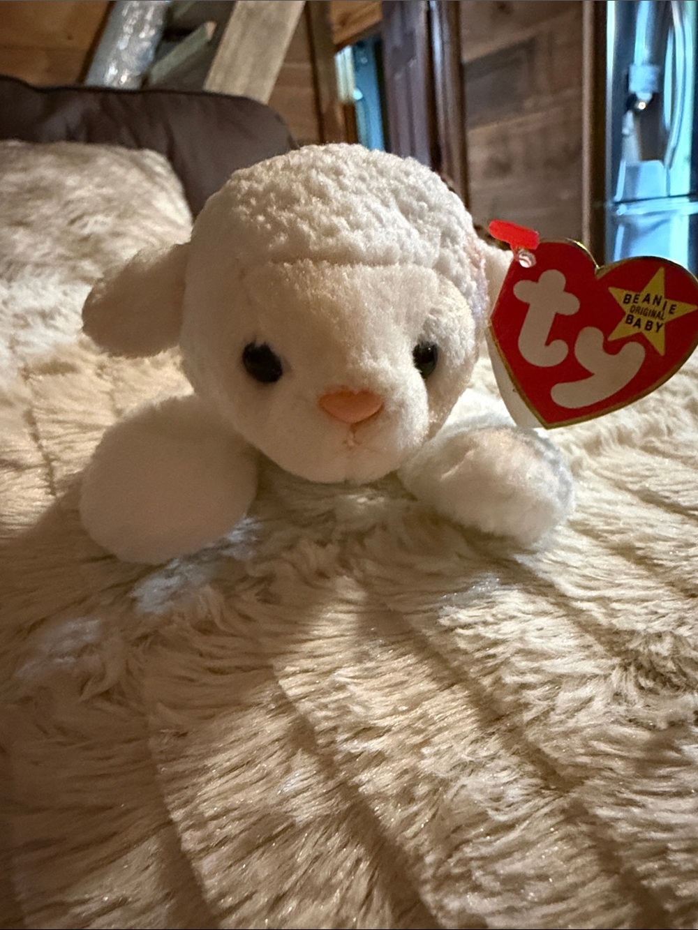 Ty White Lamb Beanie Baby Plush with Heart Tag